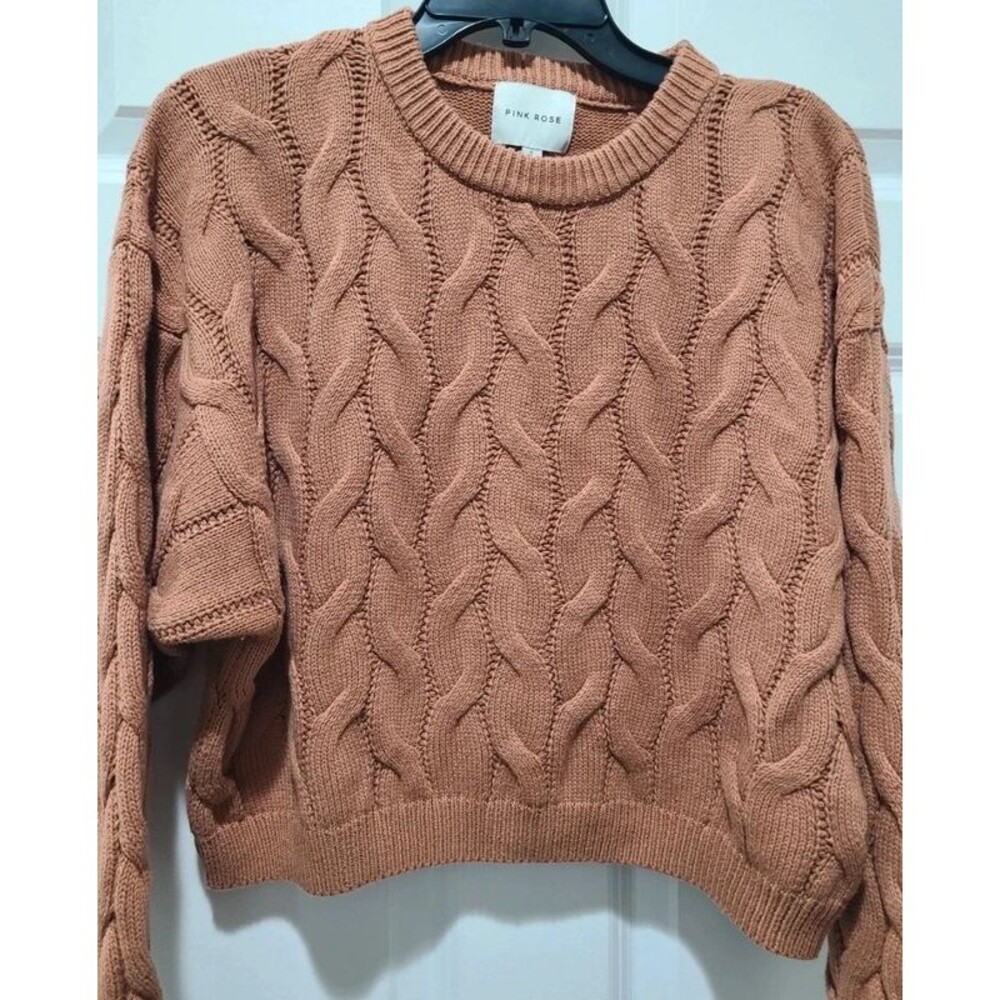 Pink Rose Mocha Brown Cropped Cable Knit Sweater S